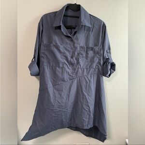 Celmia asymmetrical popover roll tab sleeves navy tunic top. Size small.